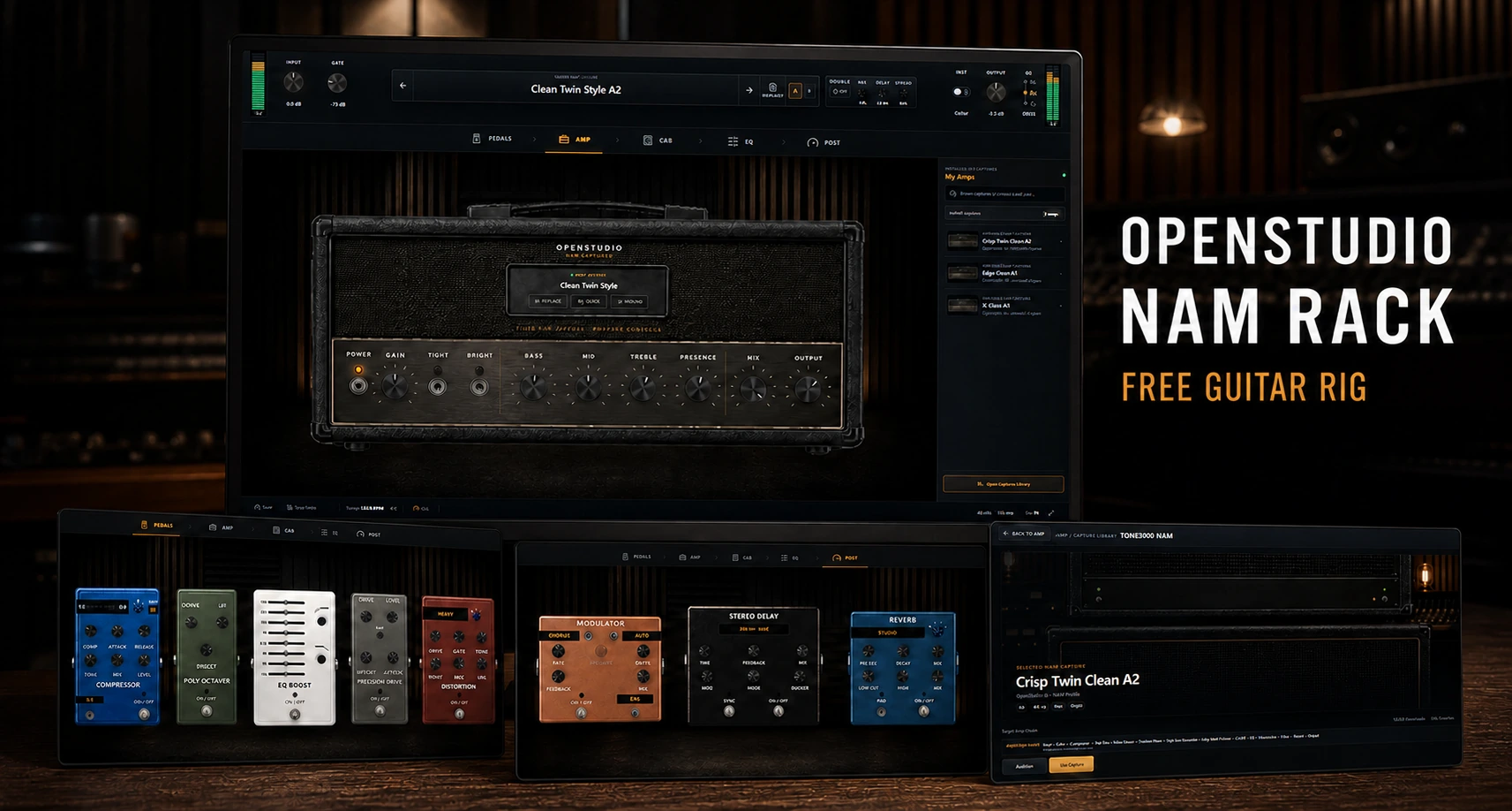 OpenStudio NAM Rack amp, pedals, post effects, and TONE3000 capture browser arranged in a music studio.