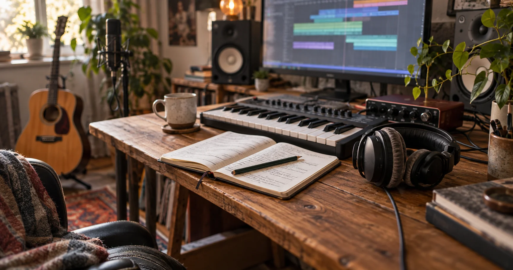 A sunlit home studio with a MIDI keyboard, headphones and an open songwriting notebook on a wooden desk.