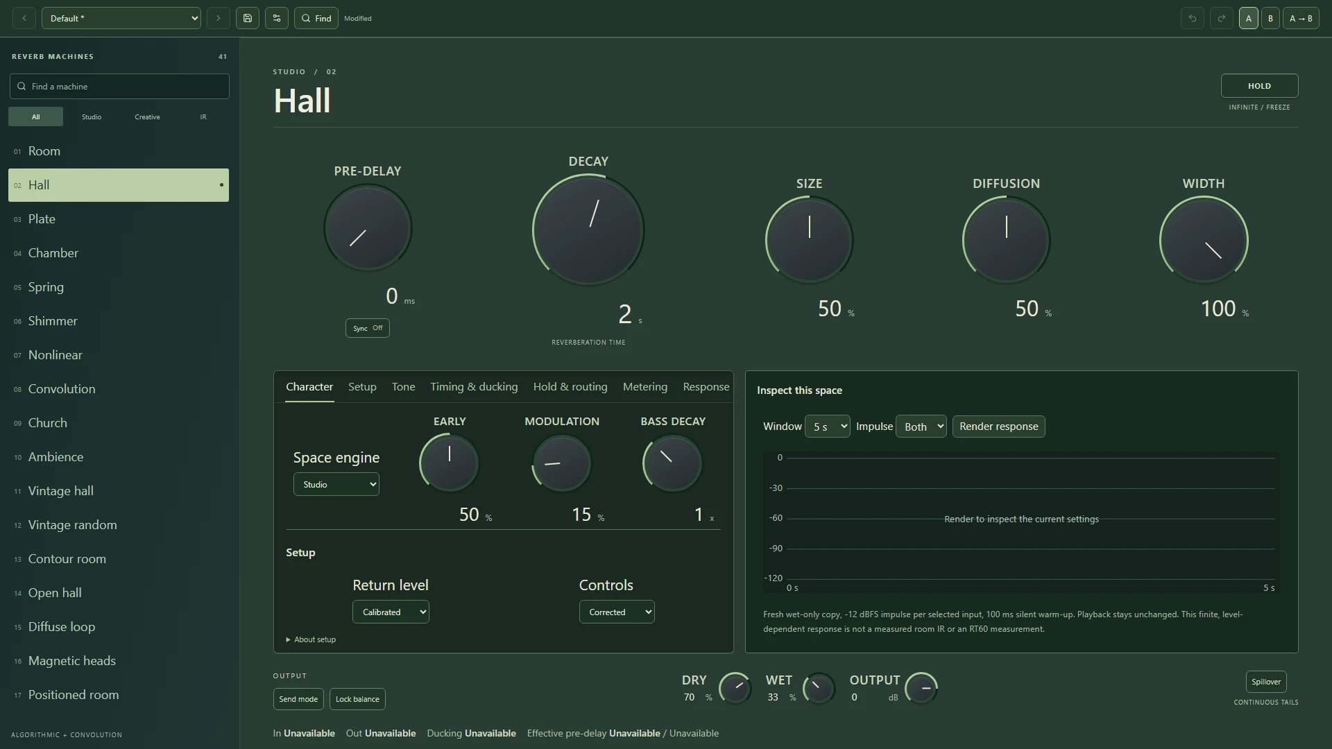 OpenStudio Hall reverb editor in a browser fixture, showing machine selection, shaping controls and an unrendered response panel.
