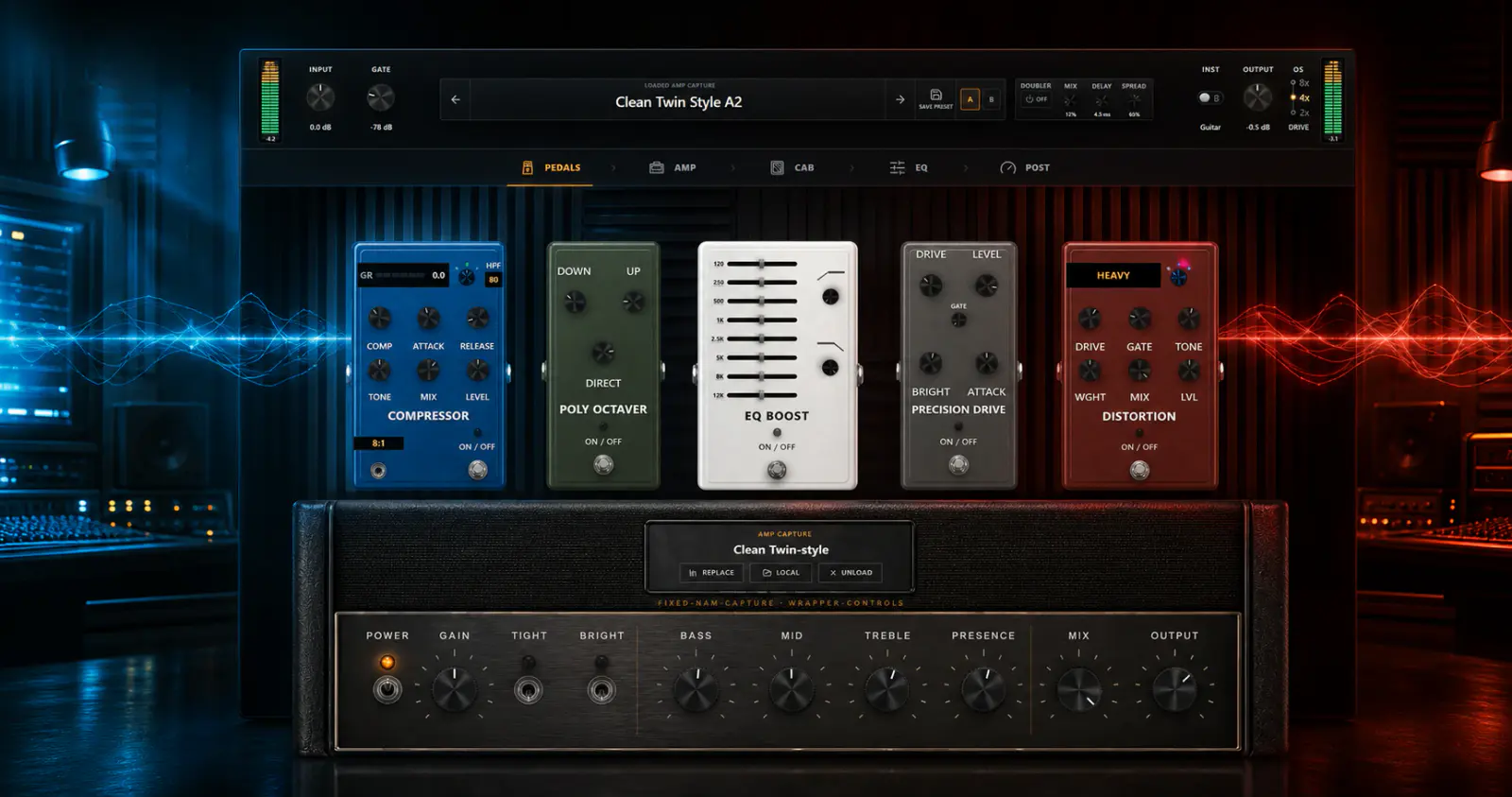 OpenStudio NAM Rack framed by blue clean-tone and red high-gain waveform treatments.