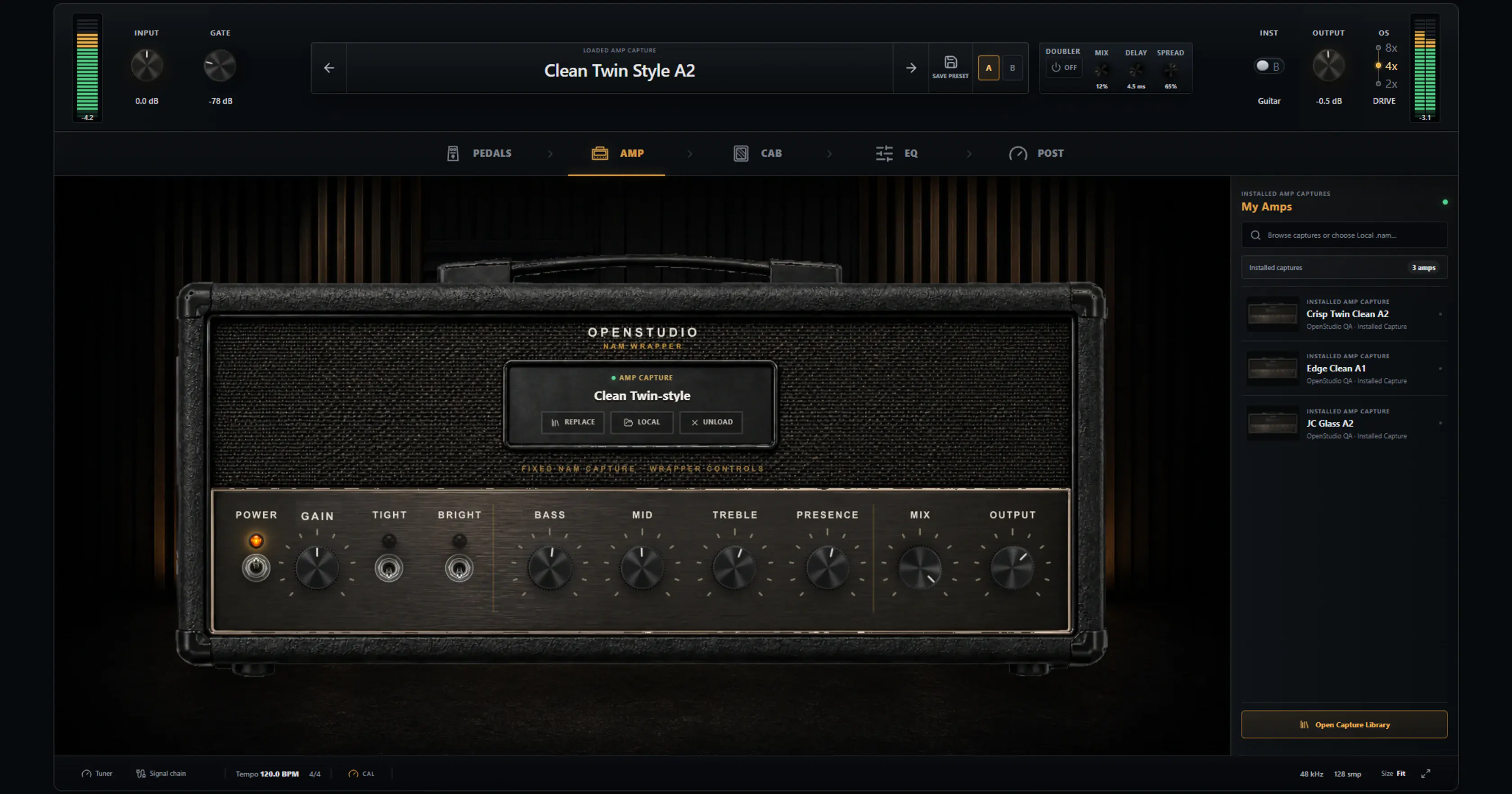 OpenStudio NAM Rack redesigned amp view with an A2 capture, meters, cabinet navigation, and preset controls.