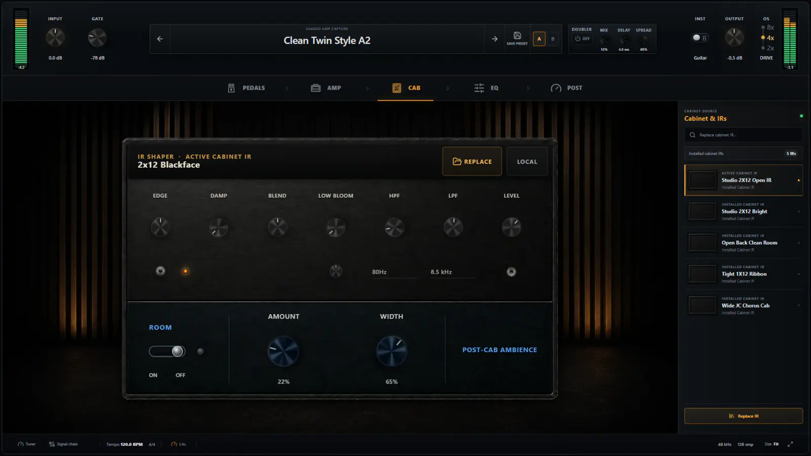 OpenStudio NAM Rack Cabinet page with active IR, shaping controls, Room, and Cabinet Space