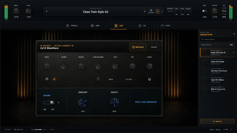 OpenStudio NAM Rack Cabinet page with active IR, shaping controls, Room, and Cabinet Space