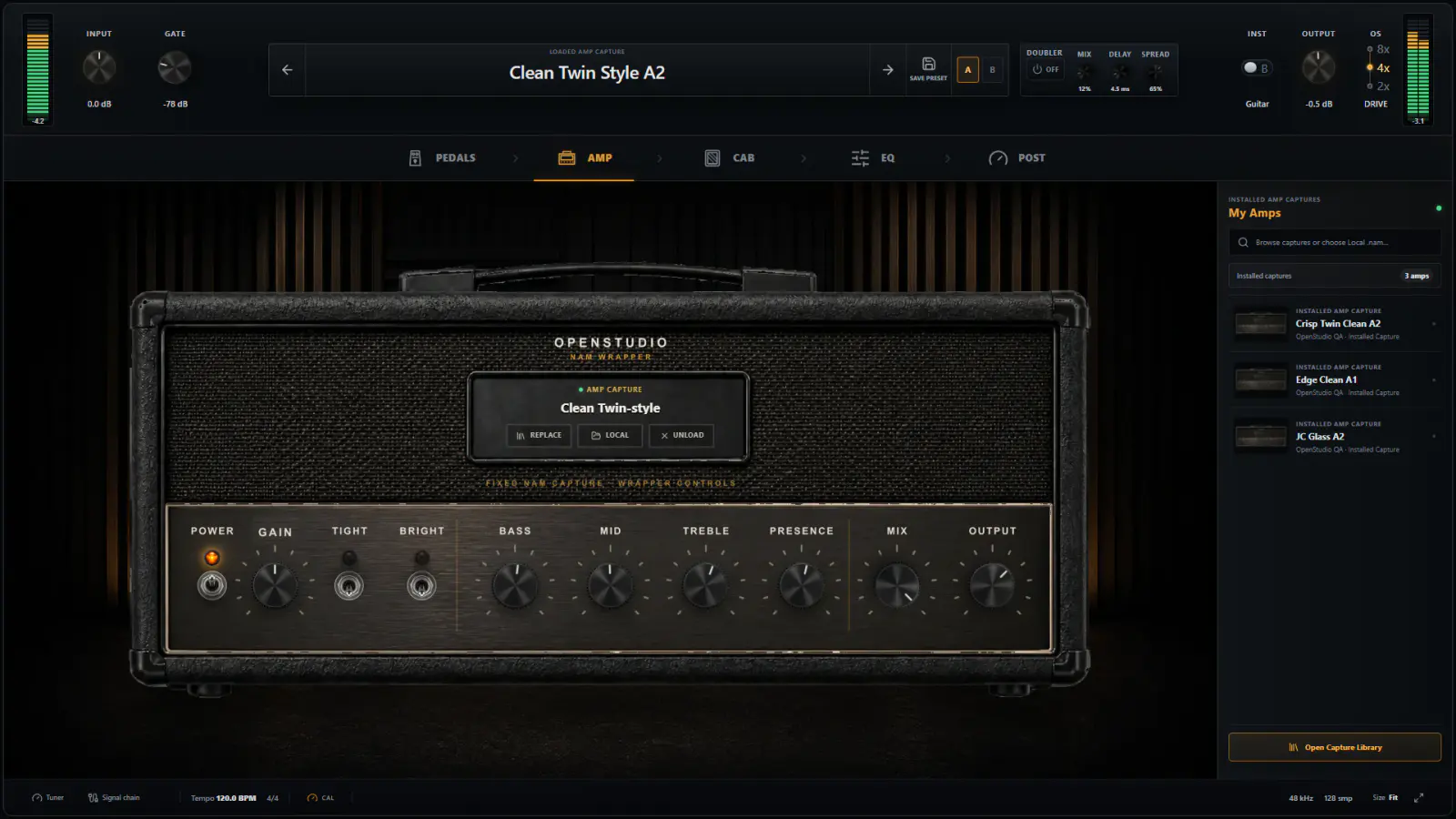 OpenStudio NAM Rack redesigned amp view with an A2 capture, meters, preset controls, and installed amp library