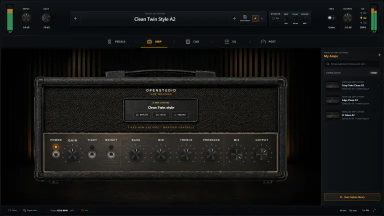 OpenStudio NAM Rack redesigned amp view with an A2 capture, meters, preset controls, and installed amp library
