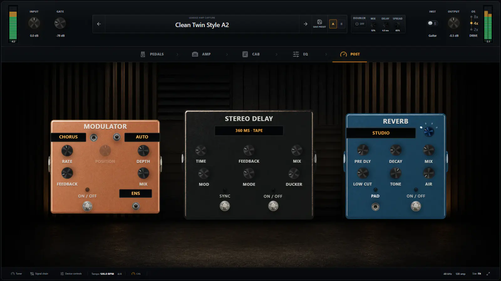 OpenStudio NAM Rack Post page with Modulator, Stereo Delay, and Studio Reverb