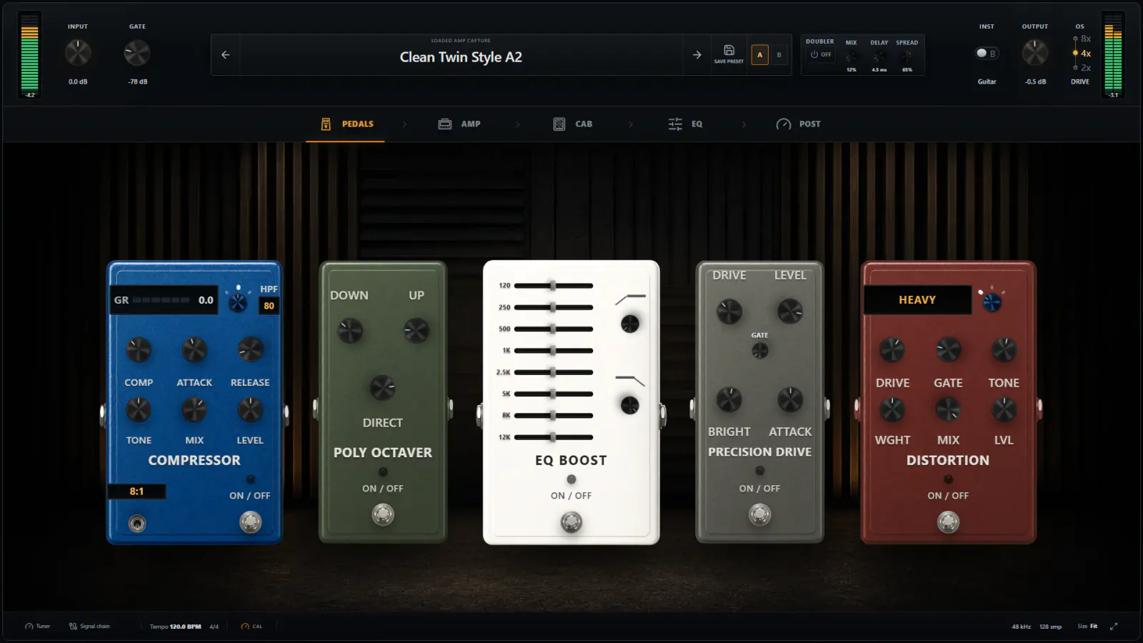 OpenStudio NAM Rack Pedals page with Compressor, Stereo Poly Octaver, PRE EQ, Precision Drive, and Distortion