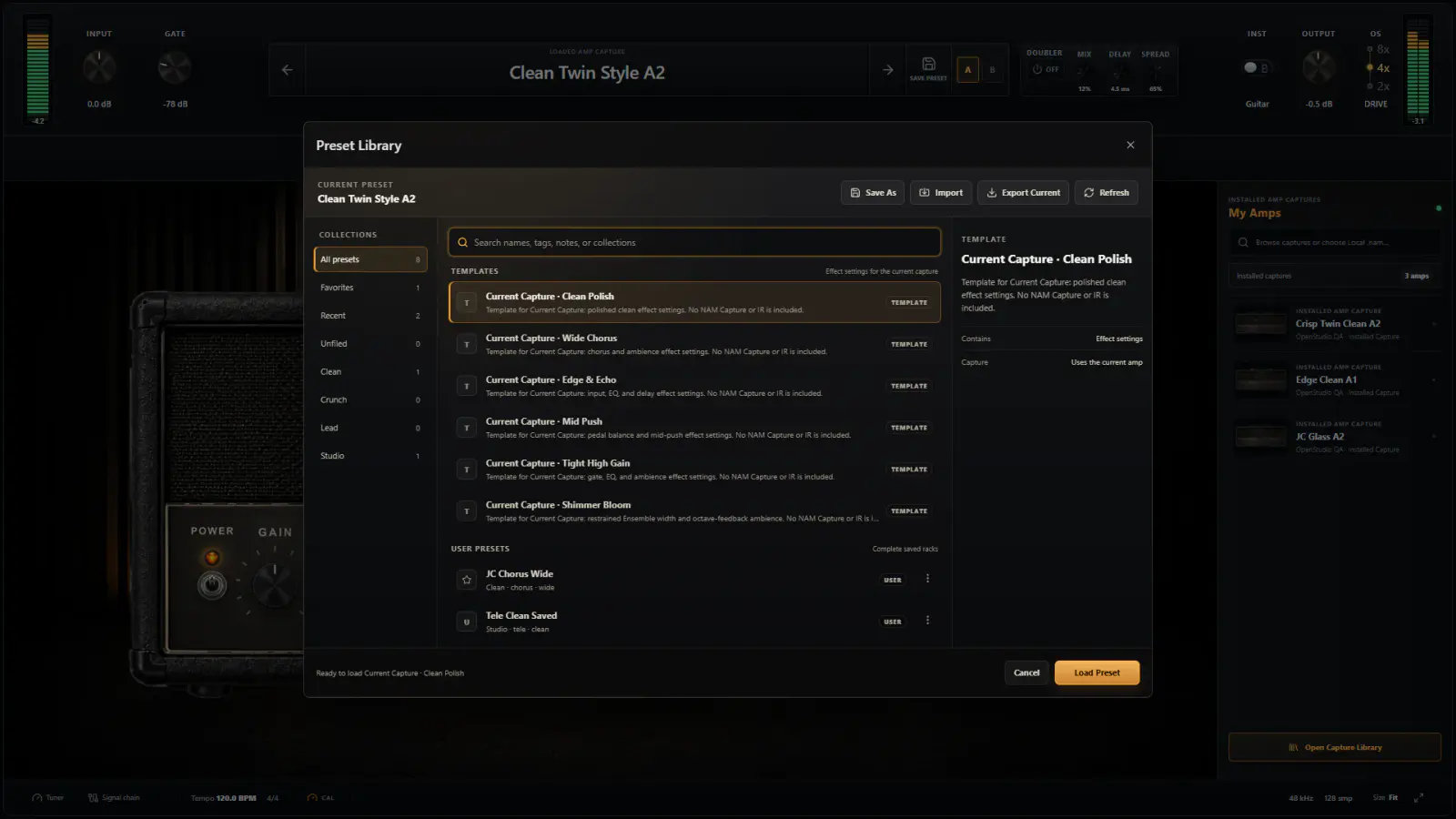 OpenStudio NAM Rack preset library with templates, user presets, search, import, and export