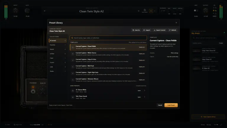 OpenStudio NAM Rack preset library with templates, user presets, search, import, and export