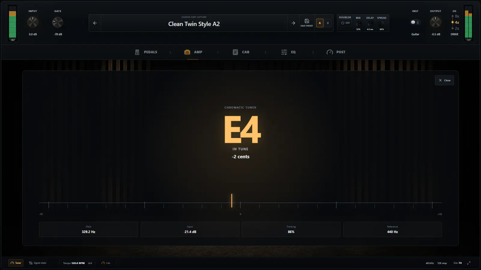 OpenStudio NAM Rack chromatic tuner showing E4, cents, pitch, input level, and tracking confidence