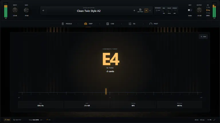 OpenStudio NAM Rack chromatic tuner showing E4, cents, pitch, input level, and tracking confidence