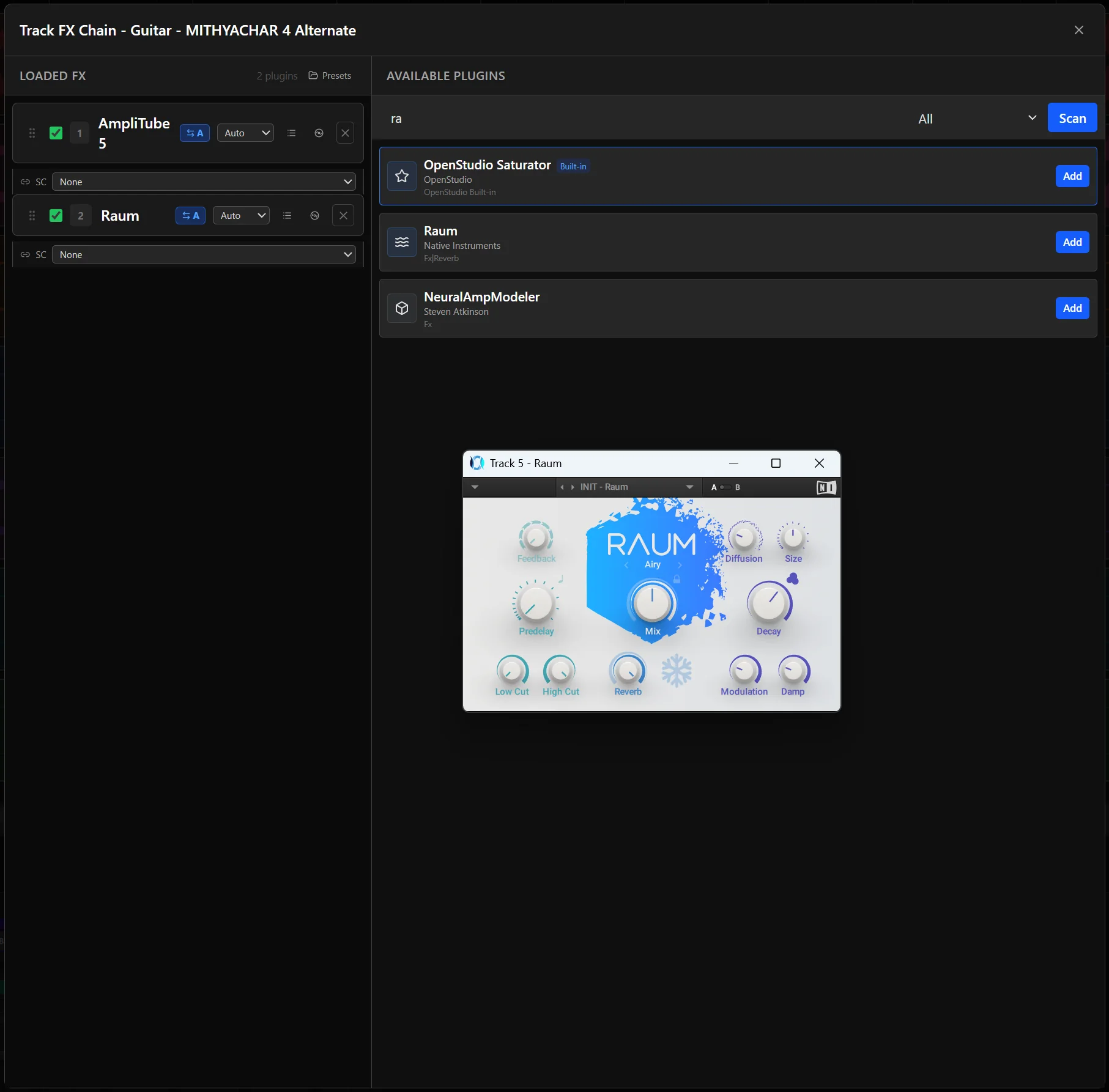 The OpenStudio FX chain panel with the plugin browser open