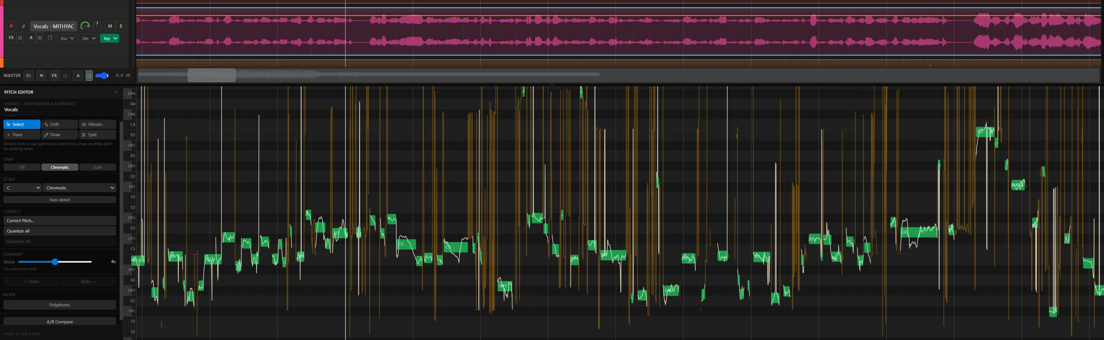 The OpenStudio Pitch Editor showing note blobs and a pitch contour on a piano grid